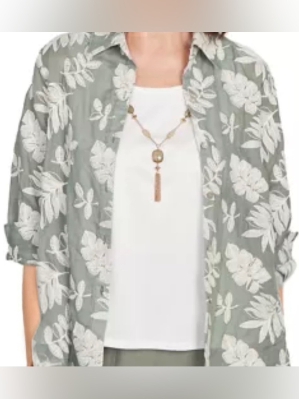 Alfred Dunner Olive Green Jacket with White Leaf Embroidery